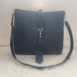 Stella & Dot Black Hayes Tassel Hobo Bag EUC